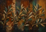 Tobacco and emerald botanical monoprints print featuring overlapping olive branches, textured bark, and layered botanical silhouettes for elegant interiors