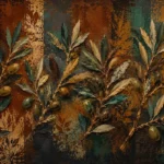 Tobacco and emerald botanical monoprints print featuring overlapping olive branches, textured bark, and layered botanical silhouettes for elegant interiors