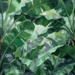 Botanical Mint tropical leaves paintings print featuring layered banana leaves in emerald green with mint highlights for elegant interiors