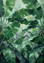Botanical Mint tropical leaves paintings print featuring layered banana leaves in emerald green with mint highlights for elegant interiors