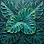 Teal and chartreuse tropical leaf wall art featuring layered monstera leaves in a refined botanical composition for elegant interiors