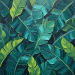 Teal and chartreuse tropical leaf wall art featuring layered banana leaves in an elegant botanical mosaic for refined interiors