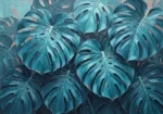 Turquoise and coral tropical leaf art featuring layered monstera leaves with elegant botanical depth for sophisticated interiors