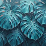 Turquoise and coral tropical leaf art featuring layered monstera leaves with elegant botanical depth for sophisticated interiors