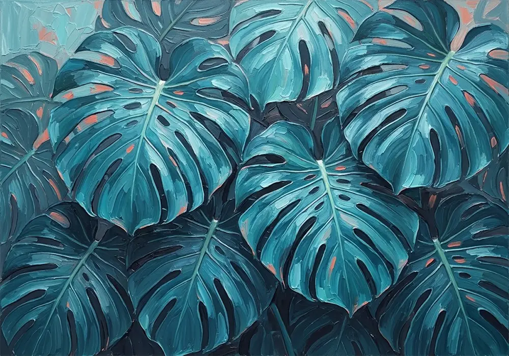 Azure Canopy Tropical Leaf Art Turquoise & Coral Art Print