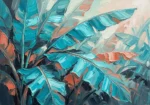 Turquoise and coral tropical leaf art featuring graceful banana leaves in a panoramic botanical composition for elegant interiors