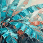 Turquoise and coral tropical leaf art featuring graceful banana leaves in a panoramic botanical composition for elegant interiors