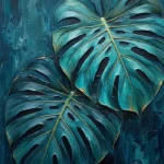 Peacock and gold monstera leaves wall art featuring overlapping tropical leaves with refined botanical elegance for sophisticated interiors