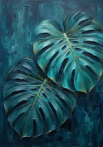 Peacock and gold monstera leaves wall art featuring overlapping tropical leaves with refined botanical elegance for sophisticated interiors