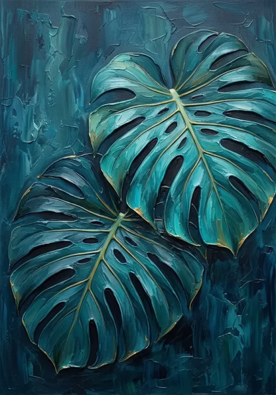 Golden Veins Monstera Leaves Wall Art Peacock & Gold Art Print
