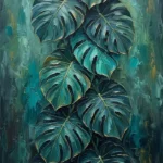 Peacock and gold monstera leaves wall art featuring cascading layered monstera foliage with elegant botanical depth for refined interiors