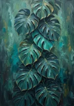 Peacock and gold monstera leaves wall art featuring cascading layered monstera foliage with elegant botanical depth for refined interiors