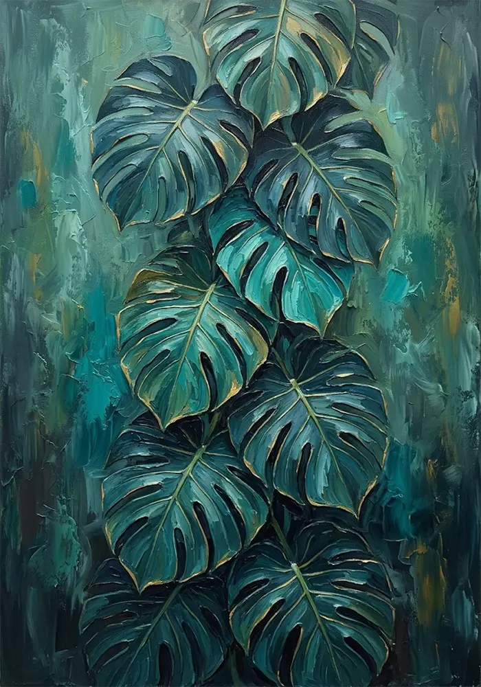 Emerald Crest Monstera Leaves Wall Art Peacock & Gold Art Print