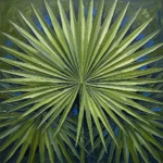 Lime and cobalt botanical palm prints featuring a symmetrical fan palm with elegant botanical detail for refined interiors