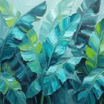 Cyan and lime tropical botanical prints featuring layered banana leaves in a refined panoramic composition for elegant interiors