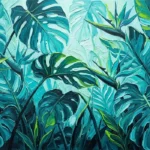 Cyan and lime tropical botanical prints featuring layered monstera, philodendron, and bird-of-paradise leaves for elegant interiors