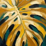 Golden Citrus abstract art tropical leaves print featuring an architectural monstera leaf with deep teal accents for elegant interiors
