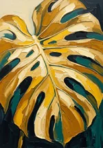 Golden Citrus abstract art tropical leaves print featuring an architectural monstera leaf with deep teal accents for elegant interiors