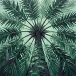 Mint & Plum botanical palm tree prints featuring a towering palm tree with emerald fronds viewed from below for elegant interiors