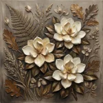 Honey Bronze vintage botanical prints featuring antique botanical specimens with magnolia blossoms, fern fronds, and oak leaves for elegant interiors