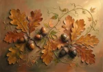 Clay & Moss retro botanical prints featuring preserved oak leaves, acorns, and climbing vines for elegant interiors