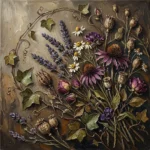 Sepia and violet vintage botanical wall art print featuring preserved medicinal herbs, dried blossoms, and curling vines for elegant interiors
