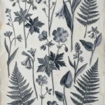 Graphite antique botanical drawings print featuring woodland flowers, fern fronds, and delicate stems for elegant interiors