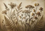 Antique gold antique botanical prints featuring meadow wildflowers, fern fronds, and seed heads for elegant interiors