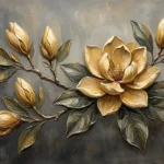 Antique gold antique botanical prints featuring a magnolia branch with blossoms, buds, and leaves for elegant interiors