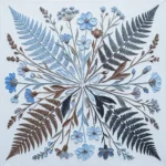 Powder blue and cocoa vintage botanical illustrations print featuring meadow flowers, fern fronds, and stems for elegant interiors