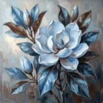 Powder blue and cocoa vintage botanical illustrations print featuring a magnolia blossom with leaves and buds for elegant interiors
