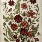 Oxblood and olive antique botanical art print featuring woodland wildflowers, ferns, vines, and seed pods for elegant interiors