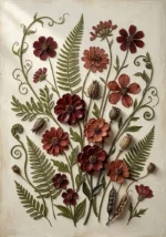 Oxblood and olive antique botanical art print featuring woodland wildflowers, ferns, vines, and seed pods for elegant interiors