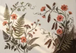 Chocolate and coral vintage botanical paintings print featuring preserved meadow flowers, ferns, vines, and seed pods for elegant interiors