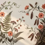 Chocolate and coral vintage botanical paintings print featuring preserved meadow flowers, ferns, vines, and seed pods for elegant interiors