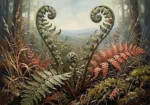 Chocolate and coral vintage botanical paintings print featuring an unfurling fern with woodland grasses and moss for elegant interiors