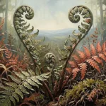 Chocolate and coral vintage botanical paintings print featuring an unfurling fern with woodland grasses and moss for elegant interiors