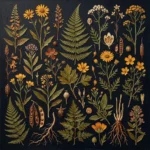 Amber and noir scientific vintage botanical illustration print featuring preserved herbs, wildflowers, roots, and seed pods for elegant interiors