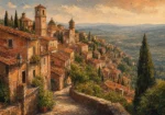 Clay and moss cityscape wall art print featuring an Italian hill town with stone buildings, rooftops, and valley views for elegant interiors