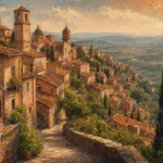 Clay and moss cityscape wall art print featuring an Italian hill town with stone buildings, rooftops, and valley views for elegant interiors