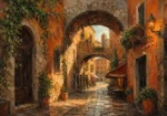 Clay and moss cityscape wall art print featuring a medieval Italian alley with stone archways, balconies, and cafés for elegant interiors
