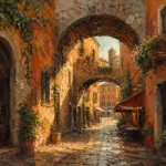 Clay and moss cityscape wall art print featuring a medieval Italian alley with stone archways, balconies, and cafés for elegant interiors