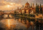 Clay and moss cityscape wall art print featuring Renaissance architecture, river reflections, bridges, and cypress trees for elegant interiors
