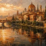 Clay and moss cityscape wall art print featuring Renaissance architecture, river reflections, bridges, and cypress trees for elegant interiors