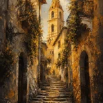 Antique gold cityscape canvas print featuring an Italian alley with a bell tower, stone facades, and climbing greenery for elegant interiors