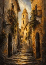 Antique gold cityscape canvas print featuring an Italian alley with a bell tower, stone facades, and climbing greenery for elegant interiors