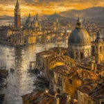 Antique gold cityscape canvas print featuring an Italian canal city with rooftops, domes, waterways, and distant hills for elegant interiors