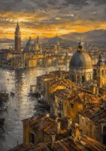 Antique gold cityscape canvas print featuring an Italian canal city with rooftops, domes, waterways, and distant hills for elegant interiors