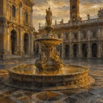 Antique gold cityscape canvas print featuring a Renaissance piazza with fountain, arcades, columns, and classical architecture for elegant interiors