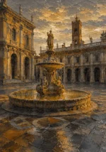 Antique gold cityscape canvas print featuring a Renaissance piazza with fountain, arcades, columns, and classical architecture for elegant interiors